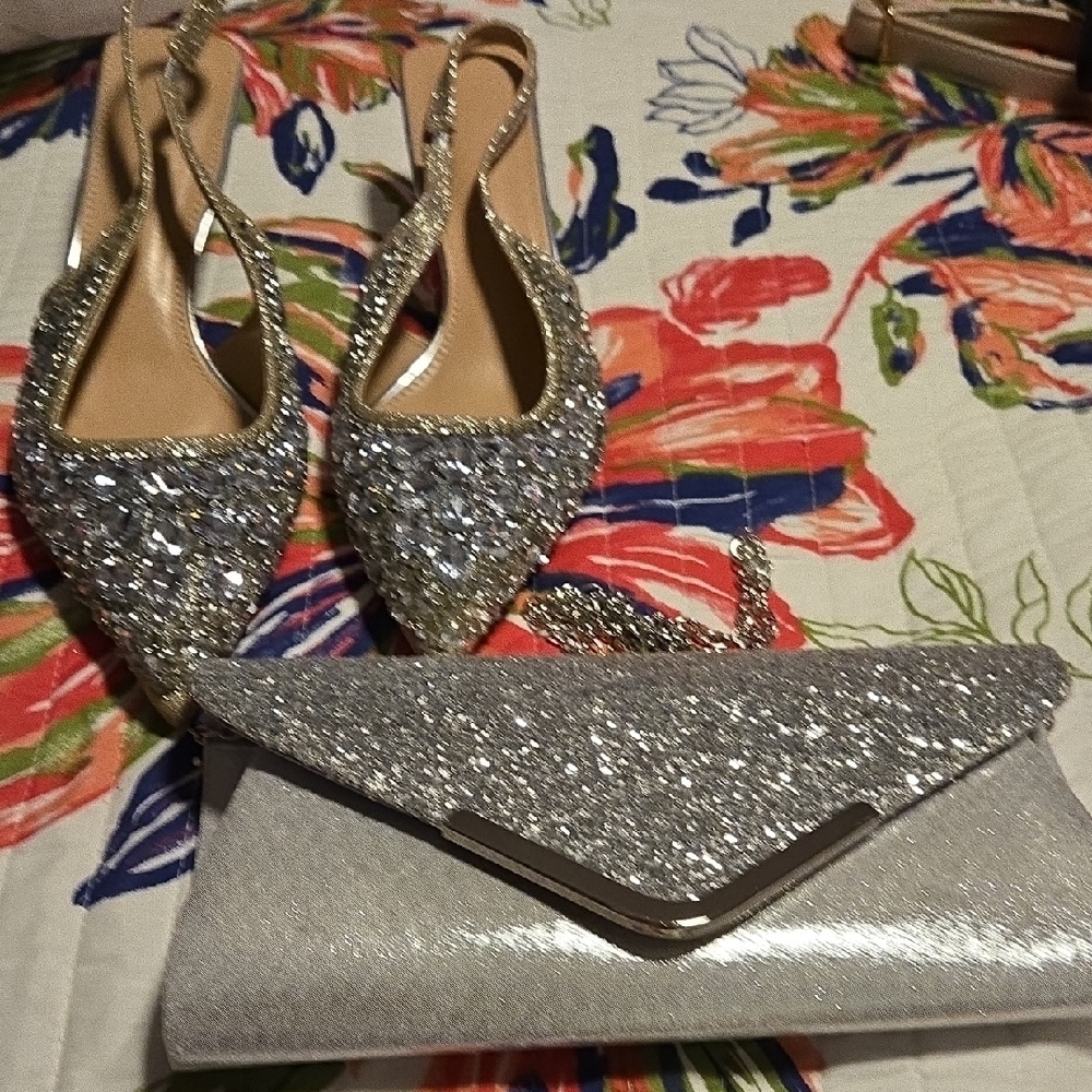 Silver Glitter Heels and Clutch Set